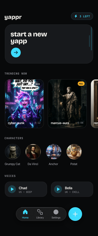 yappr home screen with trending yapps and voices